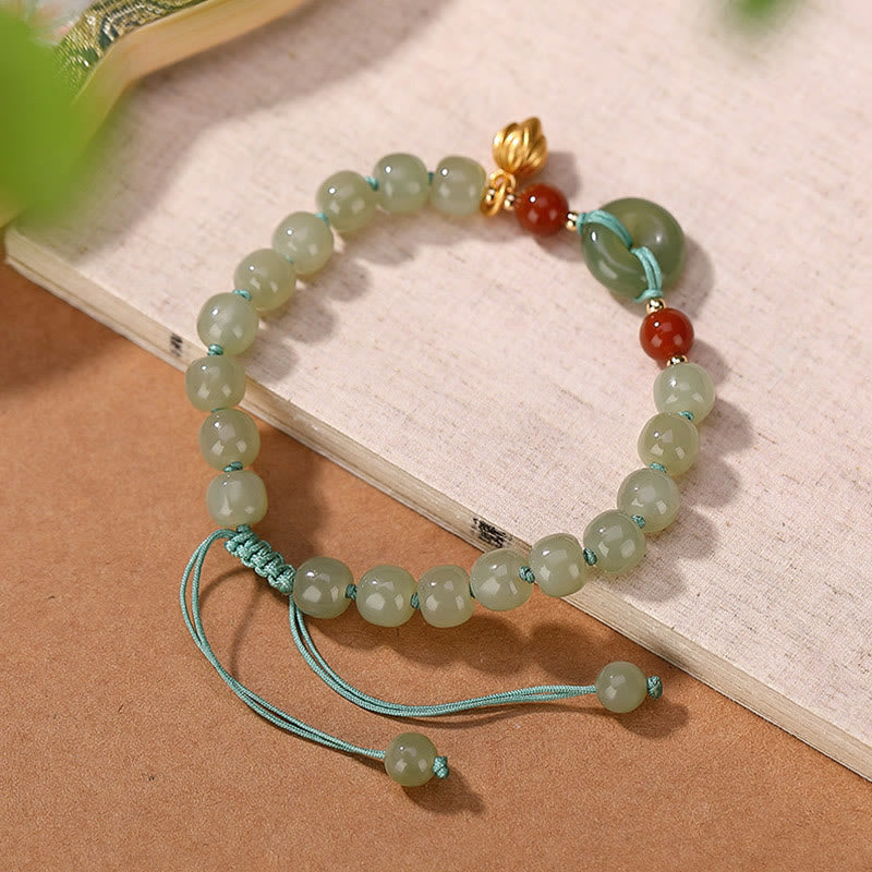 Braccialetto della fortuna in agata rossa con fibbia della pace in giada naturale Hetian in argento sterling 925 Buddha Stones
