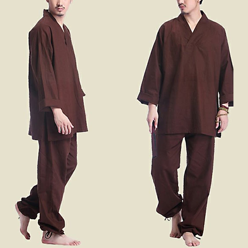 Set da uomo di abbigliamento yoga Buddha Stones a V, in cotone e lino, per meditazione e preghiera, spirituale e zen