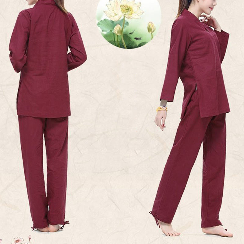 Buddha Stones Zen Pratica Yoga Meditazione Preghiera Scollo a V Design Uniforme Cotone Lino Abbigliamento Donna Set - image 2