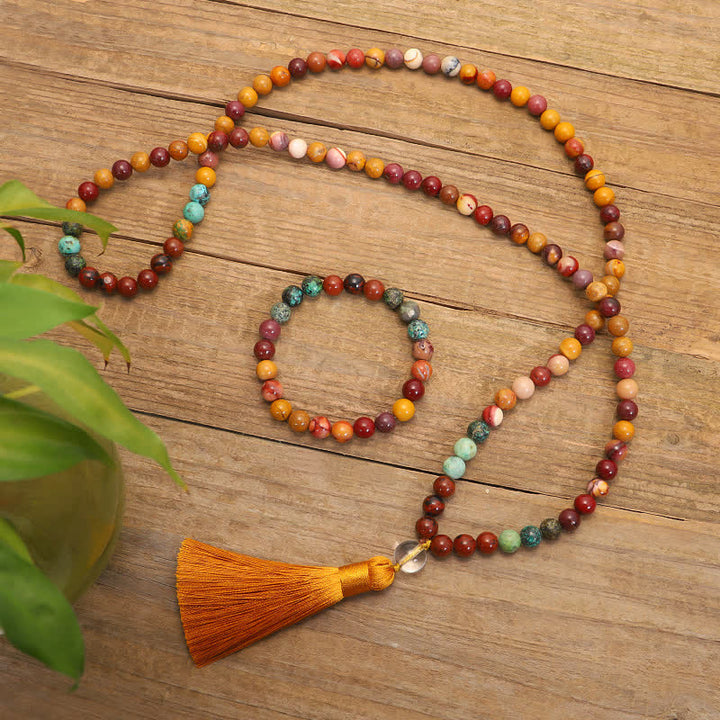 Buddha Stones 108 Mala Beads Mookaite Braccialetto di crescita emozionale Collana con nappa Pendente