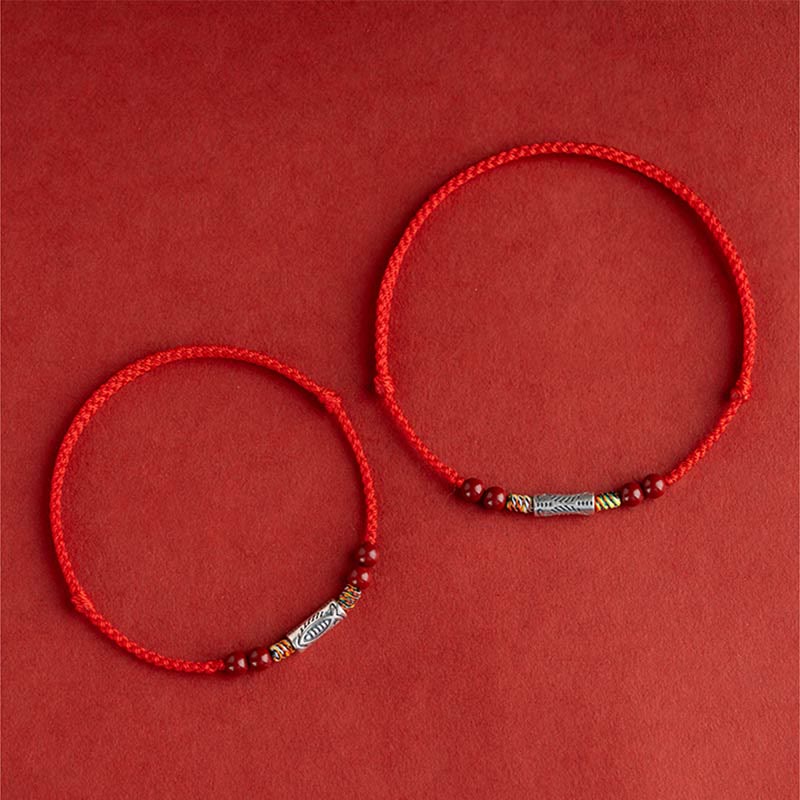 Buddha Stones 925 Sterling Silver Koi Fish Cinnabar Bead Wealth Braccialetto intrecciato artigianale Cavigliera