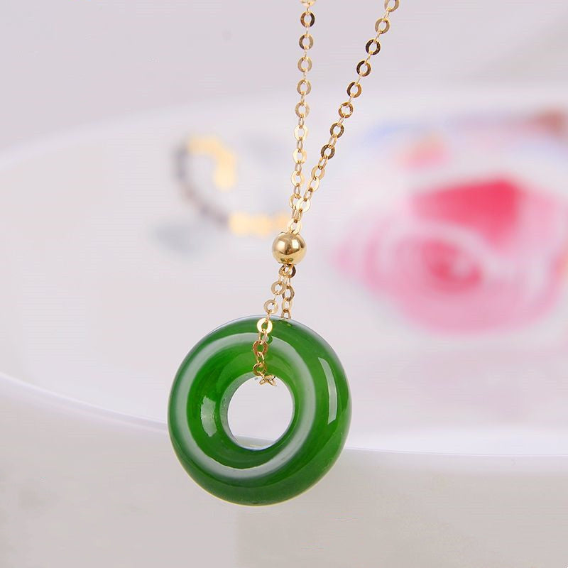 Collana con ciondolo in oro 14K con giada ciano rotonda e guarigione