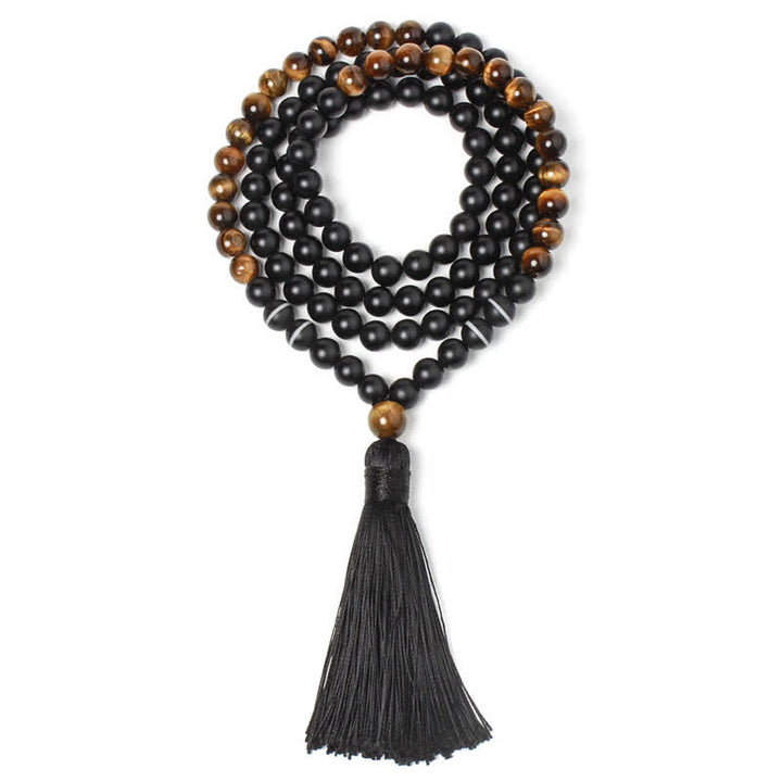 Buddha Stones Onice Nero Occhio di Tigre Braccialetto della Fortuna Collana con Nappa Pendente