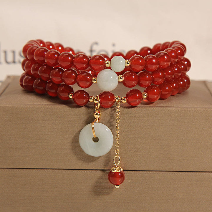 Braccialetto triplo giro con fibbia della pace in agata rossa naturale Buddha Stones Jade Peace