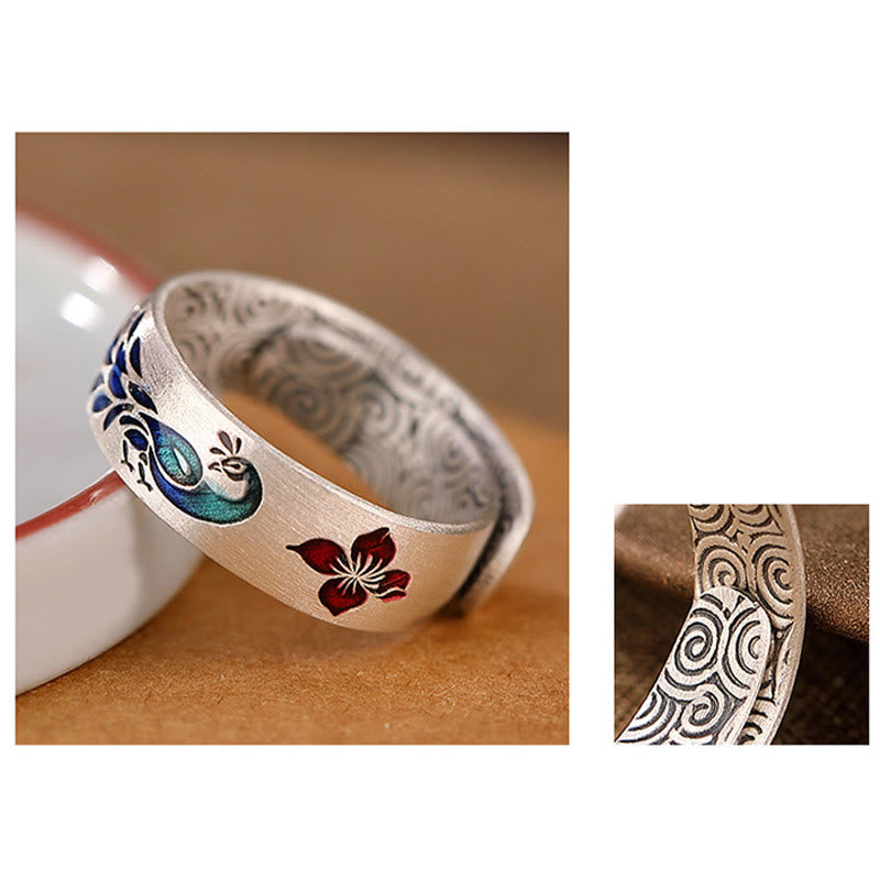 Anello con ciondolo a forma di fiore di loto inciso in argento sterling 999 con Buddha Stones e nuvole di buon auspicio