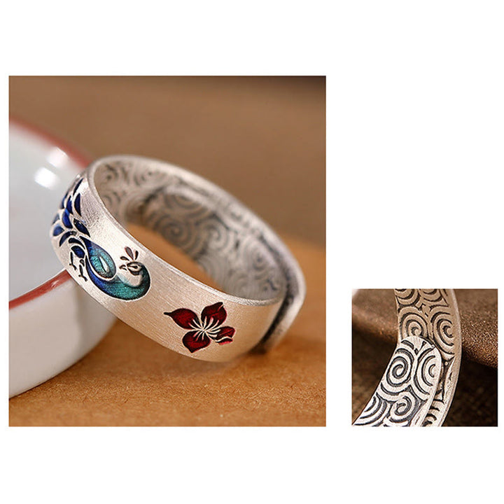 Anello con ciondolo a forma di fiore di loto inciso in argento sterling 999 con Buddha Stones e nuvole di buon auspicio