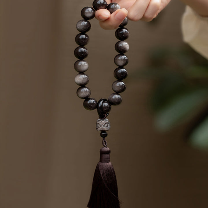 Buddha Stones Argento naturale Ossidiana lucida Ossidiana nera Leone Mala da polso Protezione Nappe Mala tascabile Decorazione per auto