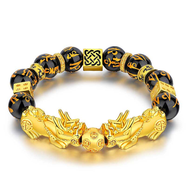 Braccialetto della ricchezza Om Mani Padme Hum Buddha Stones FengShui Double PiXiu Obsidian