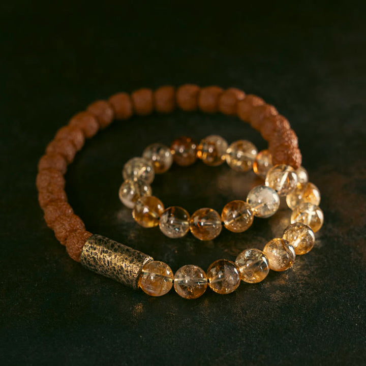 Braccialetto Buddha Stones Natural Citrine Crystal Rudraksha Bodhi Seed Brass Bead Prosperity Double Wrap
