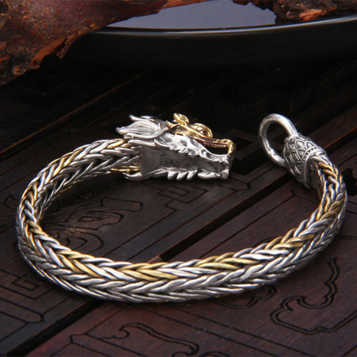 Braccialetto in metallo intrecciato con design a forma di drago Buddha Stones in argento sterling 925 Anno del drago di buon auspicio
