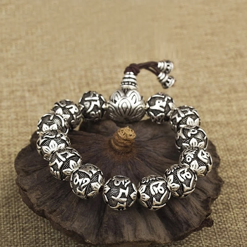 Braccialetto amuleto con perline in lega intagliata , Buddha Stones tibetane Om Mani Padme Hum