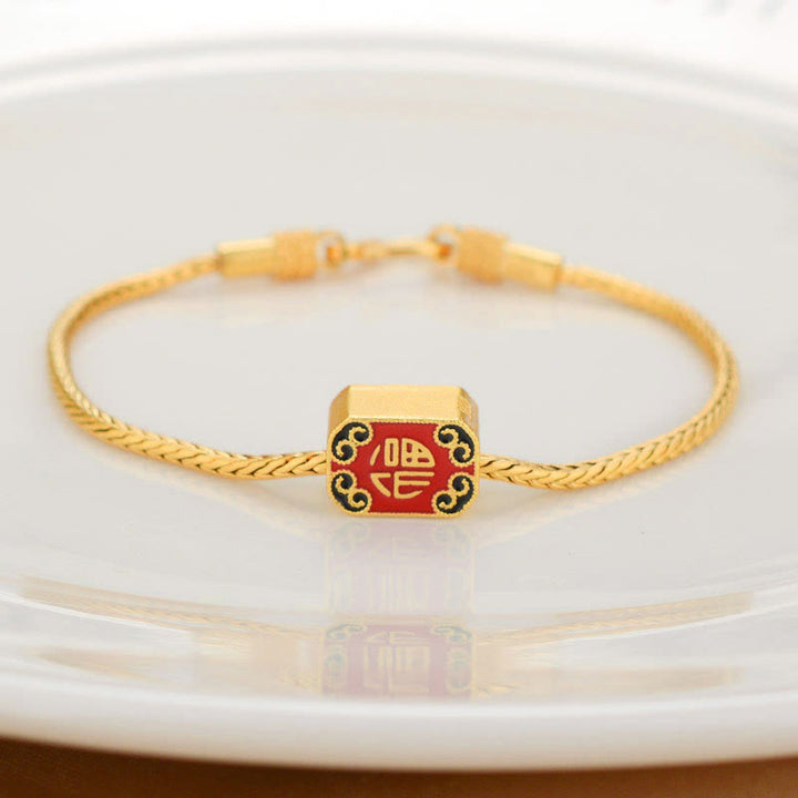Braccialetto della pace Buddha Stones tibetane in oro 18 carati Om Mani Padme Hum, pesce koi portafortuna, carattere Fu, moneta di rame - Carattere Fu di buon auspicio - image 9