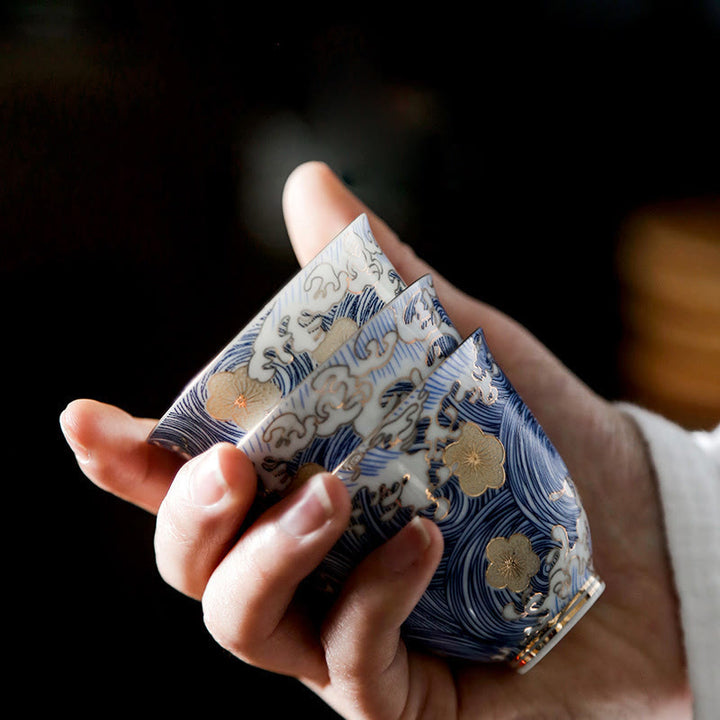 Tazze da tè in ceramica con onde del mare e dell'oceano vintage Buddha Stones