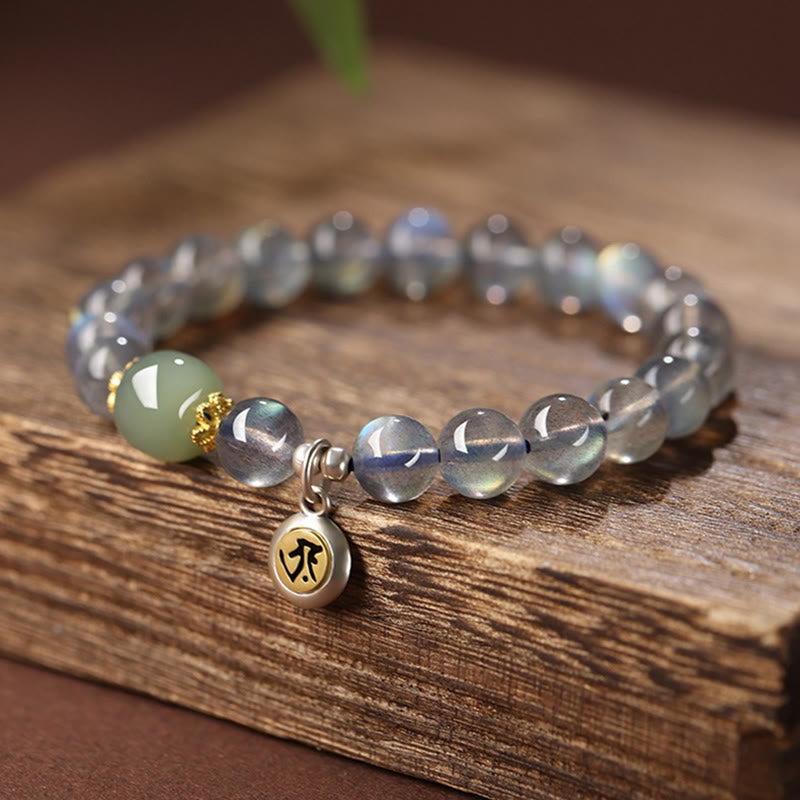 Bracciale Buddha Stones, zodiaco cinese, argento sterling 925, pietra di luna naturale e giada Hetian, simbolo positivo. - Cane/Maiale (Circonferenza del polso 15,5-16 cm) - image 0