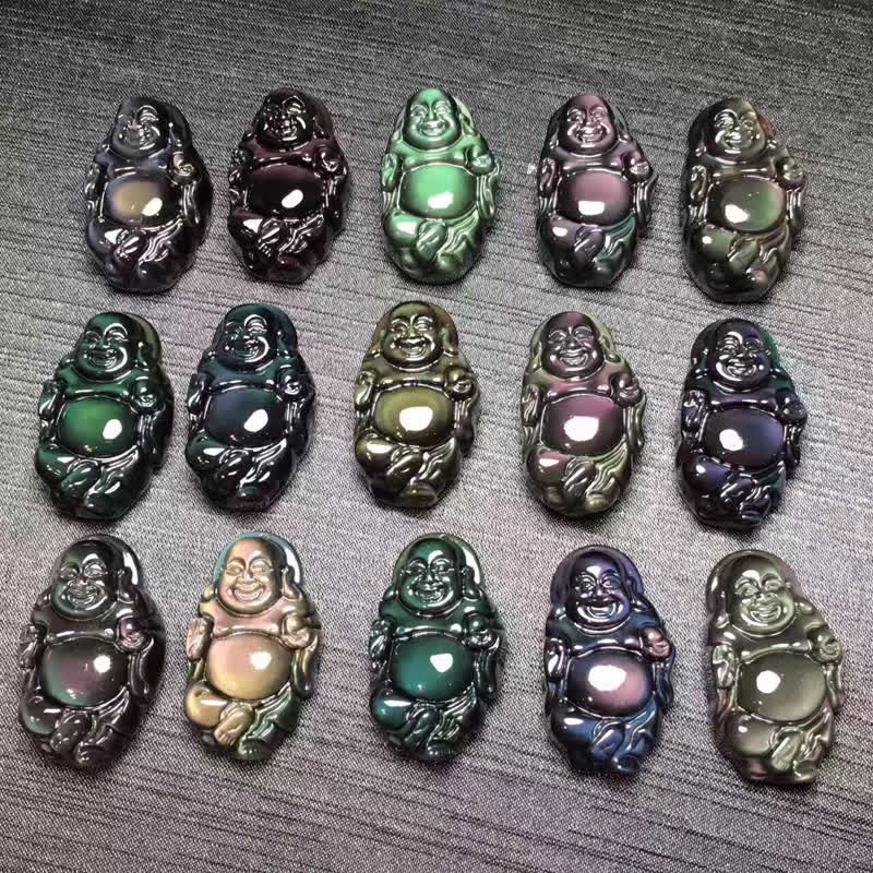 Collana con ciondolo Buddha che ride in ossidiana arcobaleno naturale con pace interiore - image 13
