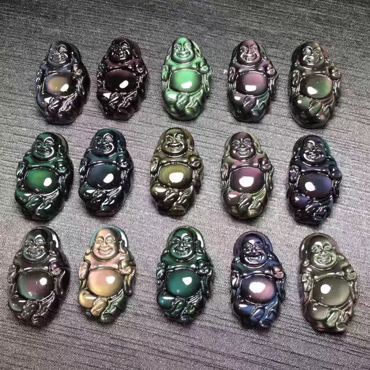 Collana con ciondolo Buddha che ride in ossidiana arcobaleno naturale con pace interiore - image 13