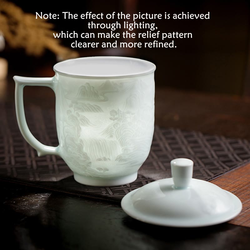 Buddha Stones Jingdezhen porcellana bianca fatta a mano Grande Muraglia Paesaggio Tazza da tè in ceramica incisa Tazza da ufficio Tazze da tè