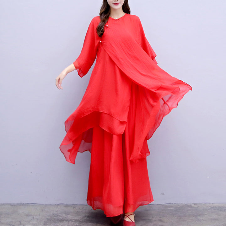 Buddha Stones 3 pezzi Yoga Chiffon Abbigliamento uniforme Meditazione Zen Pratica Set da donna - Completo rosso (top+pantaloni+bretelle) - US6, UK/AU10, EU38 (XL) - image 28