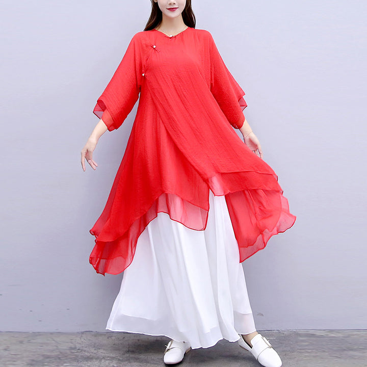 Buddha Stones 3 pezzi Yoga Chiffon Abbigliamento uniforme Meditazione Zen Pratica Set da donna - Maglietta rossa, pantaloni bianchi e bretelle - US6, UK/AU10, EU38 (XL) - image 32