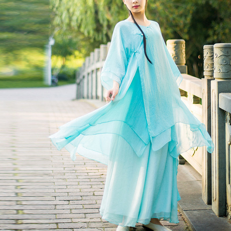 Buddha Stones 3 pezzi Yoga Chiffon Abbigliamento uniforme Meditazione Zen Pratica Set da donna - Completo ciano chiaro (top+pantaloni+bretelle) - US6, UK/AU10, EU38 (XL) - image 0