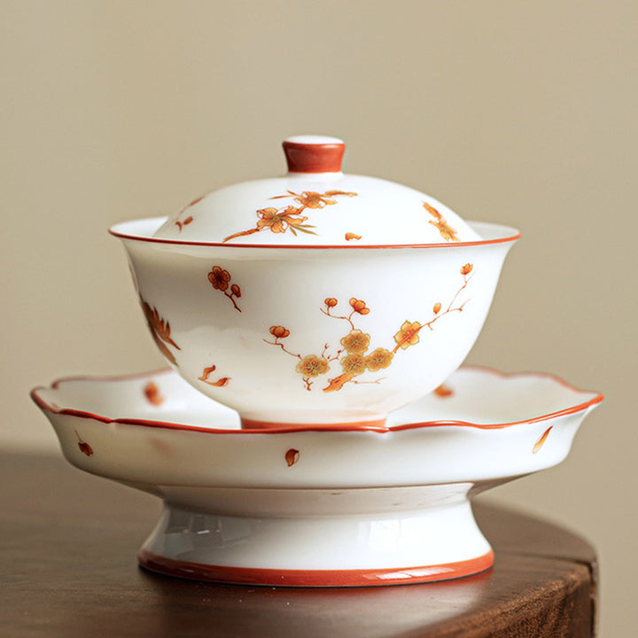 Buddha Stones Fiori di porcellana bianca Gaiwan in ceramica Sancai Tazza da tè Kung Fu Tazza da tè e piattino con coperchio