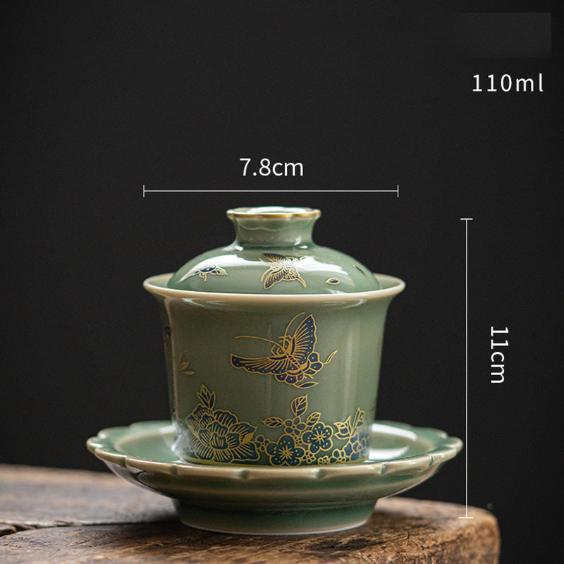 Buddha Stones Porcellana verde Farfalla Fiore Salmone Pesce Ceramica Gaiwan Sancai Tazza da tè Kung Fu Tazza da tè e piattino con coperchio