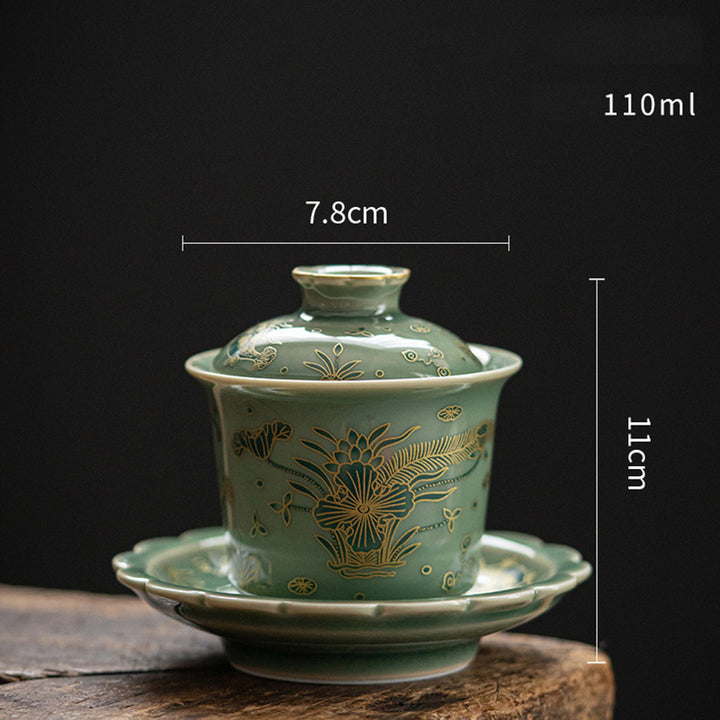 Buddha Stones Porcellana verde Farfalla Fiore Salmone Pesce Ceramica Gaiwan Sancai Tazza da tè Kung Fu Tazza da tè e piattino con coperchio