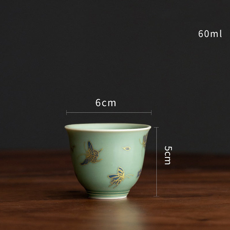 Buddha Stones Porcellana verde Farfalla Fiore Salmone Pesce Ceramica Gaiwan Sancai Tazza da tè Kung Fu Tazza da tè e piattino con coperchio