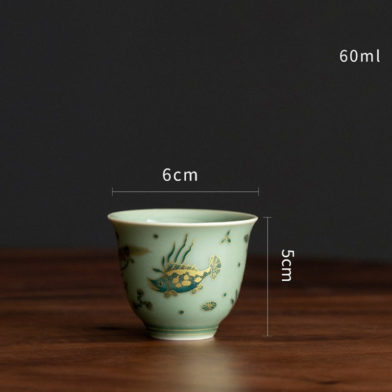 Buddha Stones Porcellana verde Farfalla Fiore Salmone Pesce Ceramica Gaiwan Sancai Tazza da tè Kung Fu Tazza da tè e piattino con coperchio