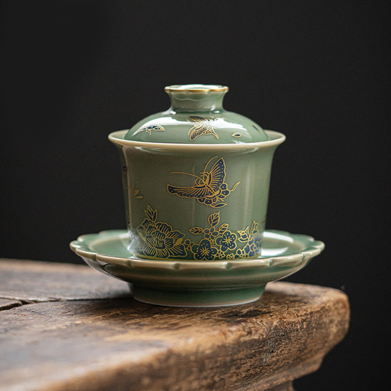 Buddha Stones Porcellana verde Farfalla Fiore Salmone Pesce Ceramica Gaiwan Sancai Tazza da tè Kung Fu Tazza da tè e piattino con coperchio