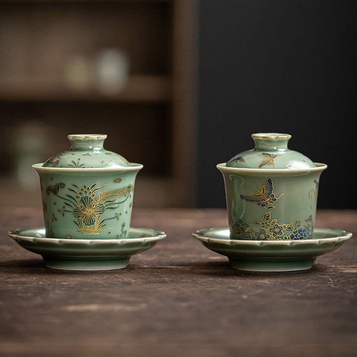 Buddha Stones Porcellana verde Farfalla Fiore Salmone Pesce Ceramica Gaiwan Sancai Tazza da tè Kung Fu Tazza da tè e piattino con coperchio