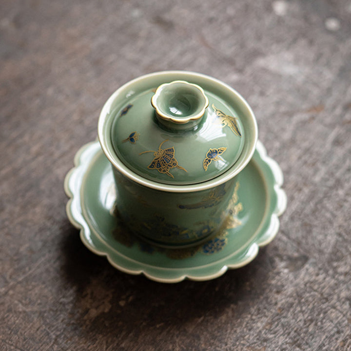 Buddha Stones Porcellana verde Farfalla Fiore Salmone Pesce Ceramica Gaiwan Sancai Tazza da tè Kung Fu Tazza da tè e piattino con coperchio