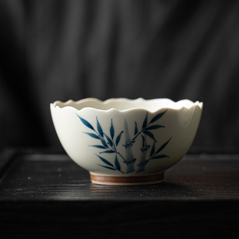 Buddha Stones Piccola tazza da tè in ceramica con foglie di bambù blu Tazza da tè Kung Fu Ciotola