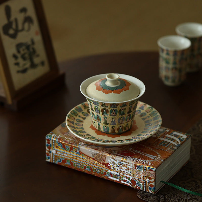 Buddha Stones Dunhuang Color Mille Buddha Apsaras volanti Modello Gaiwan Tazza da tè Kung Fu Tazza da tè con coperchio