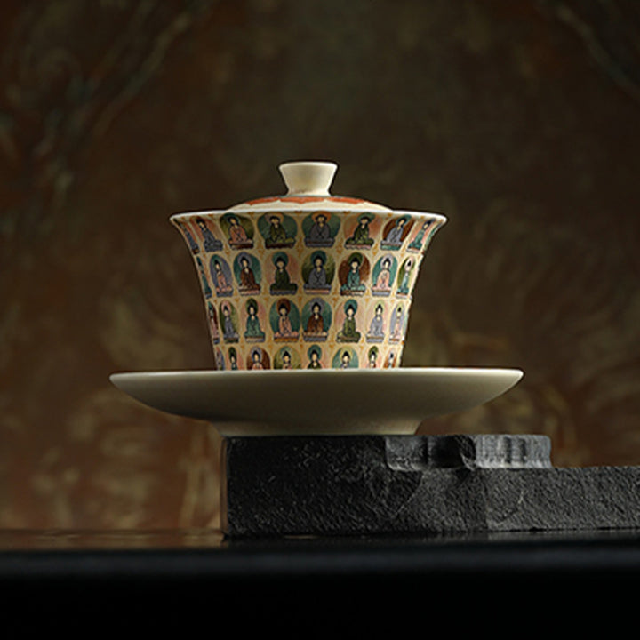 Buddha Stones Dunhuang Color Mille Buddha Apsaras volanti Modello Gaiwan Tazza da tè Kung Fu Tazza da tè con coperchio