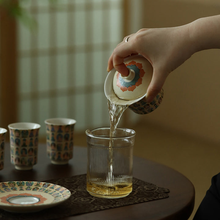 Buddha Stones Dunhuang Color Mille Buddha Apsaras volanti Modello Gaiwan Tazza da tè Kung Fu Tazza da tè con coperchio