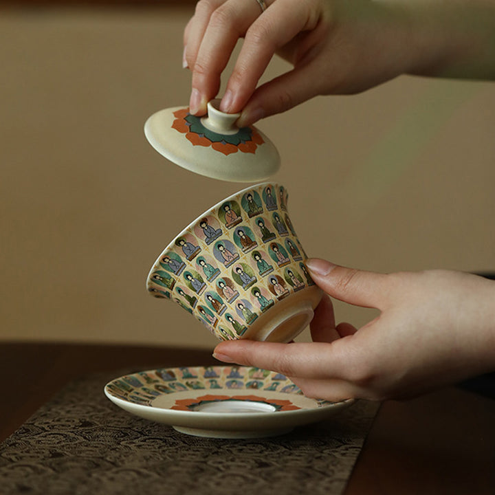 Buddha Stones Dunhuang Color Mille Buddha Apsaras volanti Modello Gaiwan Tazza da tè Kung Fu Tazza da tè con coperchio