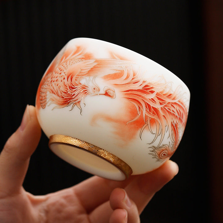 Buddha Stones Phoenix Tazza da tè in porcellana bianca in ceramica Tazza da tè Kung Fu