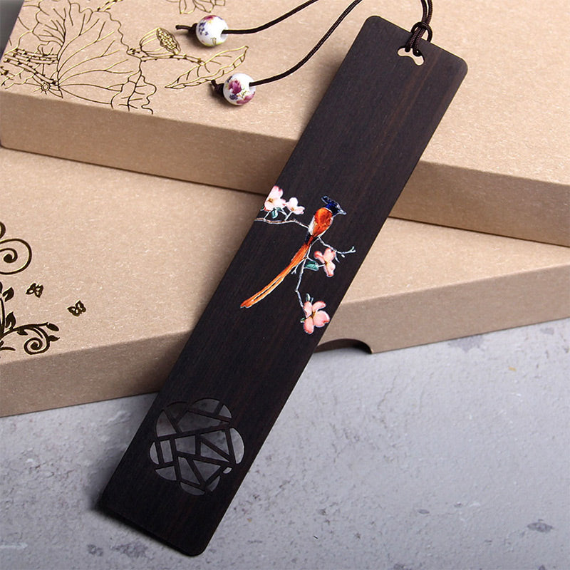 Segnalibri in legno di ebano con fiore di uccello Oriole Buddha Stones con scatola regalo