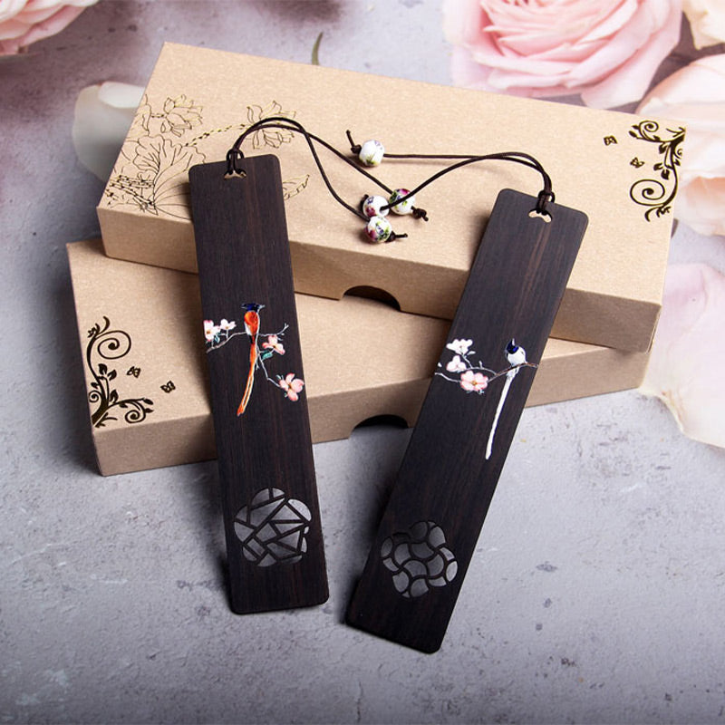 Segnalibri in legno di ebano con fiore di uccello Oriole Buddha Stones con scatola regalo
