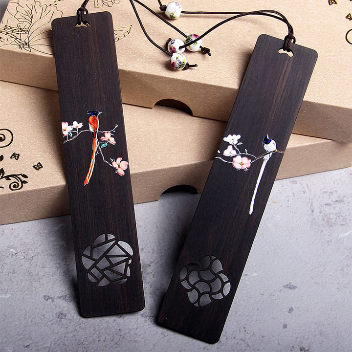 Segnalibri in legno di ebano con fiore di uccello Oriole Buddha Stones con scatola regalo