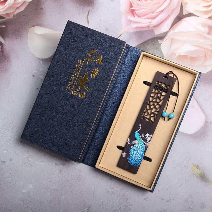 Segnalibri in legno di ebano con pavone blu Buddha Stones con scatola regalo