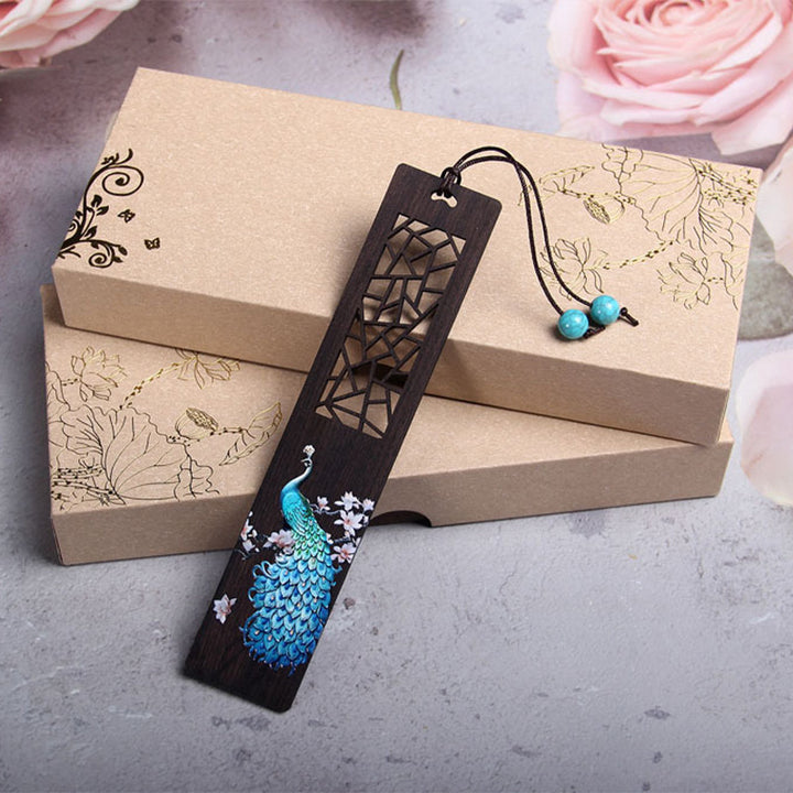 Segnalibri in legno di ebano con pavone blu Buddha Stones con scatola regalo