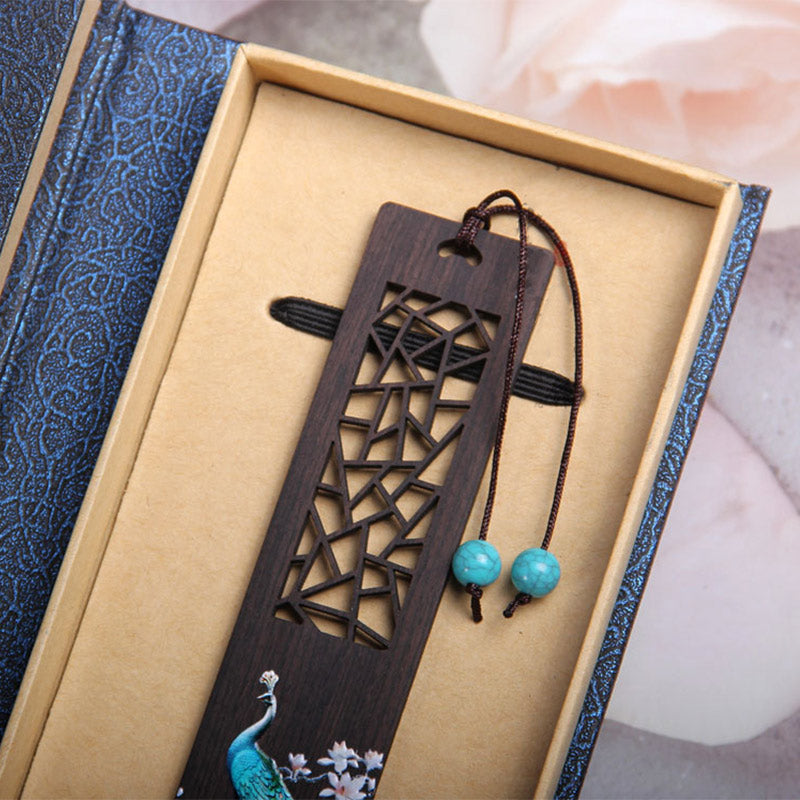 Segnalibri in legno di ebano con pavone blu Buddha Stones con scatola regalo