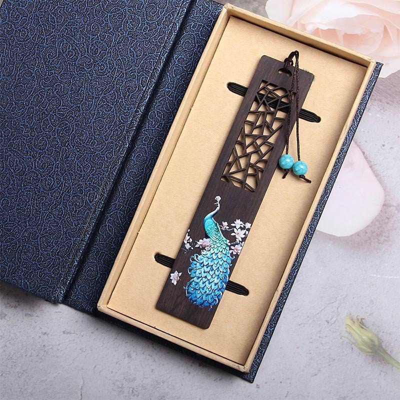 Segnalibri in legno di ebano con pavone blu Buddha Stones con scatola regalo