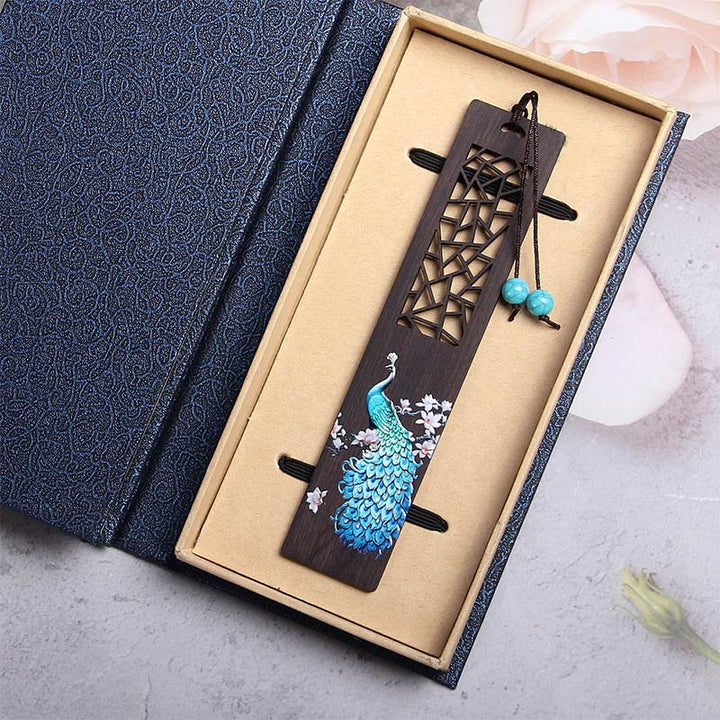 Segnalibri in legno di ebano con pavone blu Buddha Stones con scatola regalo