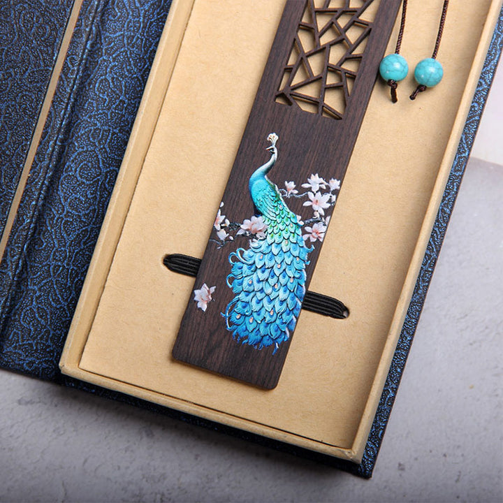 Segnalibri in legno di ebano con pavone blu Buddha Stones con scatola regalo