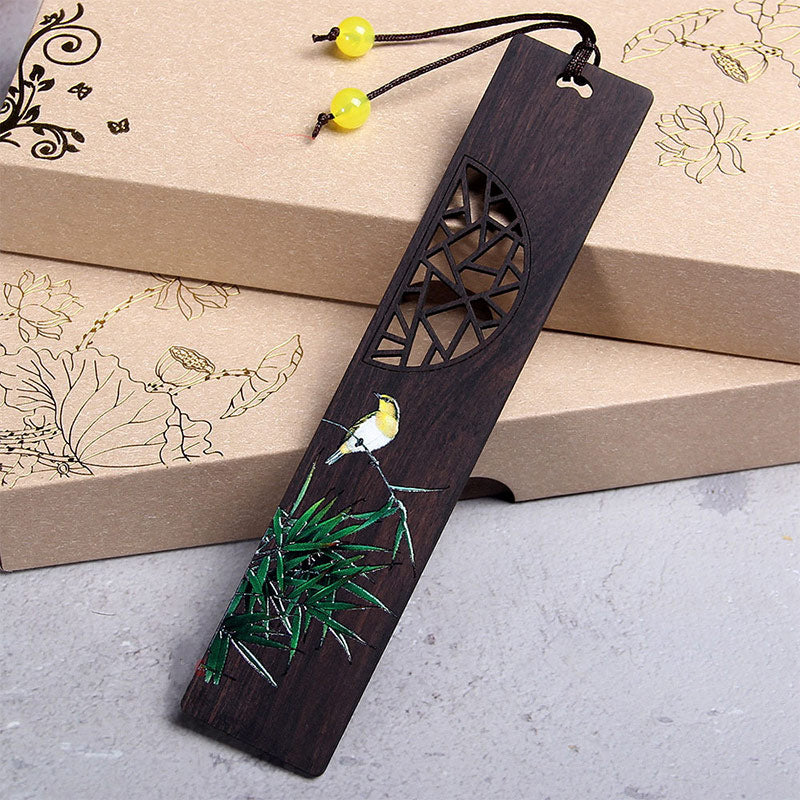 Segnalibri in legno di ebano Buddha Stones, loto verde, bambù e rigogolo, con scatola regalo