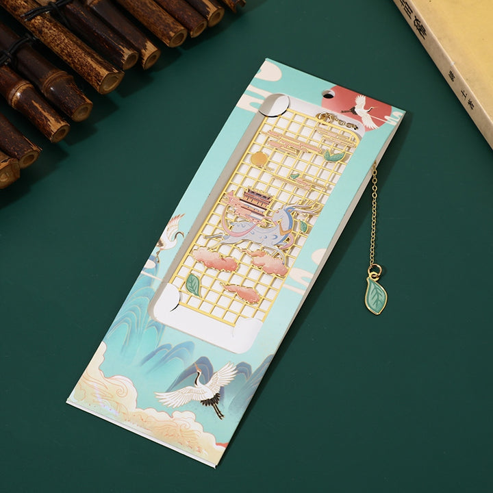 Segnalibro cavo in metallo ottone con Buddha Stones, alce, pesce koi, gru, volpe a nove code