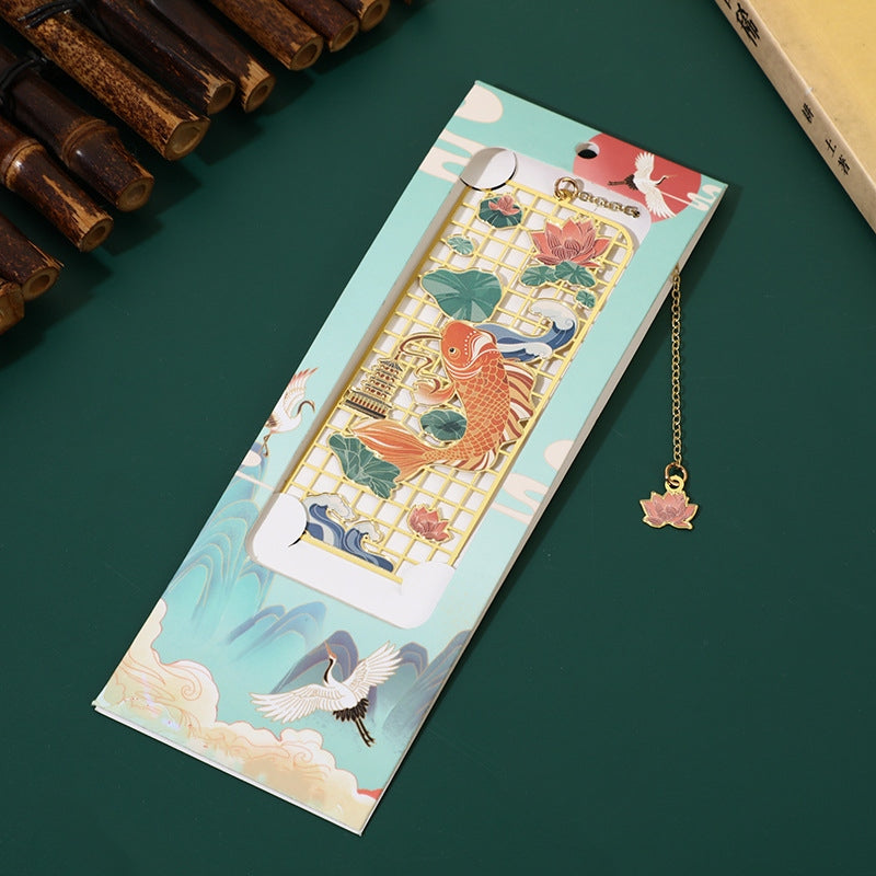 Segnalibro cavo in metallo ottone con Buddha Stones, alce, pesce koi, gru, volpe a nove code